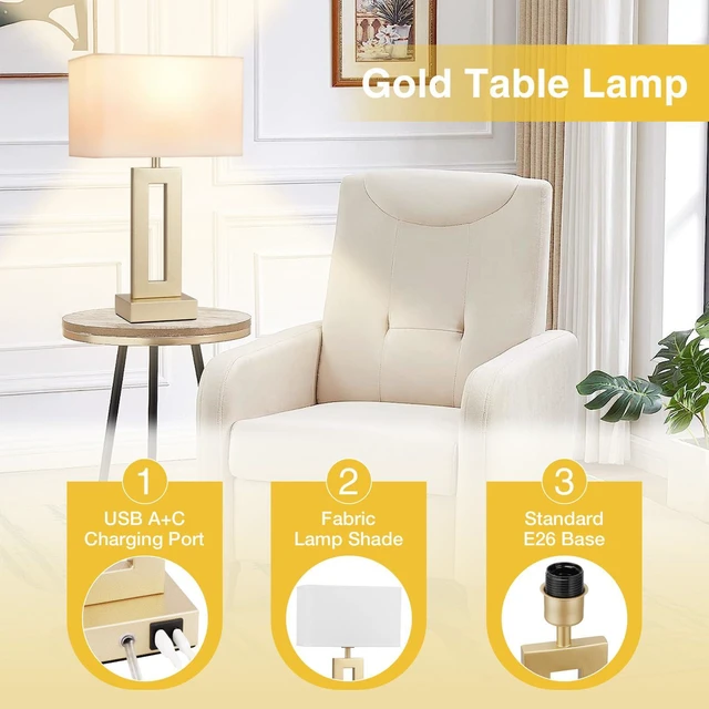 Alt view image 4 of 7 - Gold Table Lamps Set of 2, 16.4" Bedside Lamps for Nightstand with USB C+A 3 Way Dimmable, Touch Night Stand Lamp with Charging Station for Beroom, Dorm, Living Room, Desk, LED Bulb Included