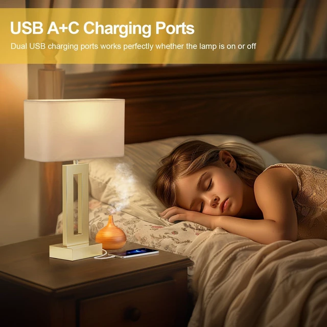 Alt view image 7 of 7 - Gold Table Lamps Set of 2, 16.4" Bedside Lamps for Nightstand with USB C+A 3 Way Dimmable, Touch Night Stand Lamp with Charging Station for Beroom, Dorm, Living Room, Desk, LED Bulb Included