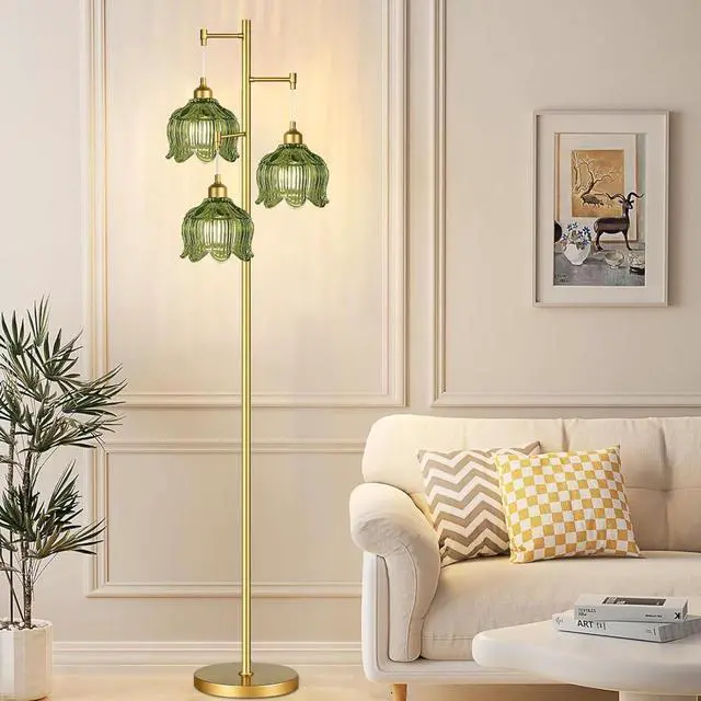 Alt view image 7 of 7 - Vintage Floor Lamps for Living Room Bedroom-3 Light Gold Floor Lamp with Glass Lampshape, Flower Green Tall Lamp Mid Century Modern Standing Lamp Tree Floor Lamp for Bedroom Living Room Corner
