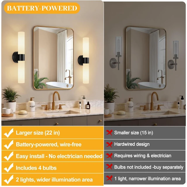 Alt view image 2 of 7 - Rechargeable Wall Sconces Set of Two, Modern Matte Battery Operated Wall Light Fixtures with Remote Control, Dimmable Wireless Wall Sconces with Milky Glass for Bathroom Mirror Bedroom Living Room
