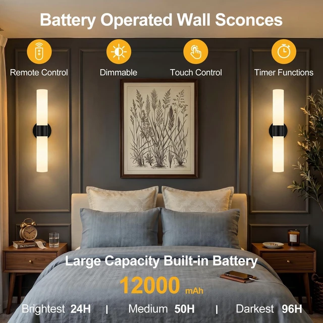 Alt view image 3 of 7 - Rechargeable Wall Sconces Set of Two, Modern Matte Battery Operated Wall Light Fixtures with Remote Control, Dimmable Wireless Wall Sconces with Milky Glass for Bathroom Mirror Bedroom Living Room