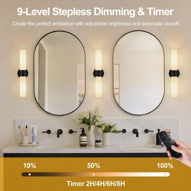 Alt view image 4 of 7 - Rechargeable Wall Sconces Set of Two, Modern Matte Battery Operated Wall Light Fixtures with Remote Control, Dimmable Wireless Wall Sconces with Milky Glass for Bathroom Mirror Bedroom Living Room