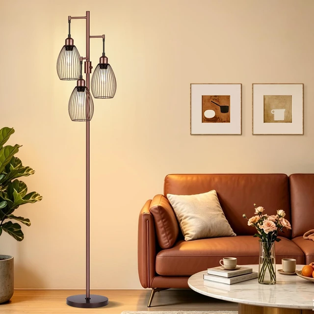Main image of Dimmable Floor Lamp, 3 x 800LM LED Edison Bulbs Included, Farmhouse Industrial Floor Lamp Standing Lamp with Elegant Teardrop Cage Head Tall Lamp for Living Room Bedroom Office Dining Room - Brown