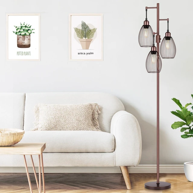 Alt view image 5 of 7 - Dimmable Floor Lamp, 3 x 800LM LED Edison Bulbs Included, Farmhouse Industrial Floor Lamp Standing Lamp with Elegant Teardrop Cage Head Tall Lamp for Living Room Bedroom Office Dining Room - Brown