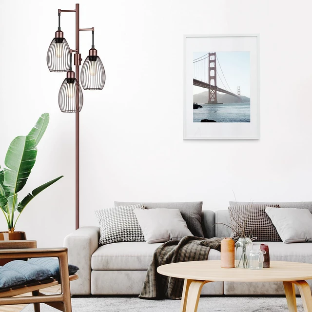 Alt view image 6 of 7 - Dimmable Floor Lamp, 3 x 800LM LED Edison Bulbs Included, Farmhouse Industrial Floor Lamp Standing Lamp with Elegant Teardrop Cage Head Tall Lamp for Living Room Bedroom Office Dining Room - Brown