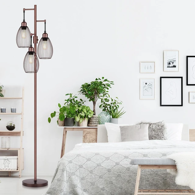 Alt view image 7 of 7 - Dimmable Floor Lamp, 3 x 800LM LED Edison Bulbs Included, Farmhouse Industrial Floor Lamp Standing Lamp with Elegant Teardrop Cage Head Tall Lamp for Living Room Bedroom Office Dining Room - Brown