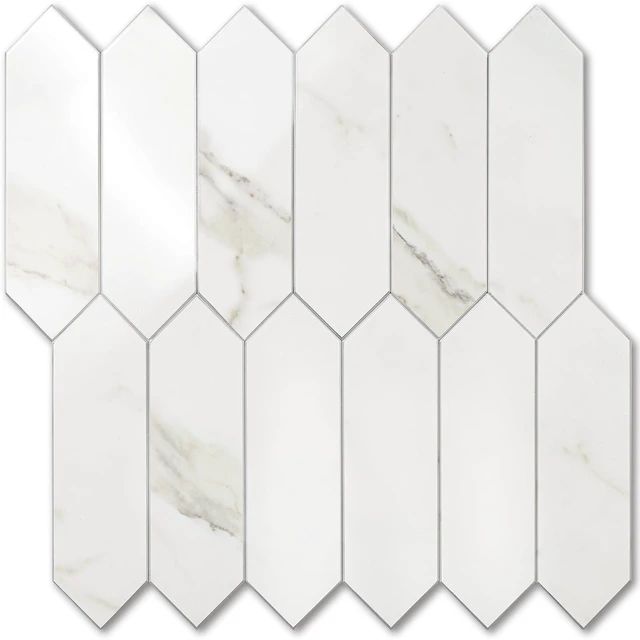 Main image of Glossy White Marble Backsplash Tile Peel and Stick, 12.8 x 12.8 Inch 10 Sheets Long Hexagon PVC Self Adhesive Mosaic Wall Tiles Stick on Backsplash for Kitchen and Bathroom