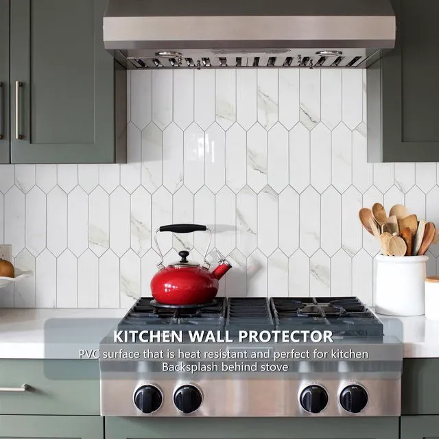 Alt view image 2 of 7 - Glossy White Marble Backsplash Tile Peel and Stick, 12.8 x 12.8 Inch 10 Sheets Long Hexagon PVC Self Adhesive Mosaic Wall Tiles Stick on Backsplash for Kitchen and Bathroom