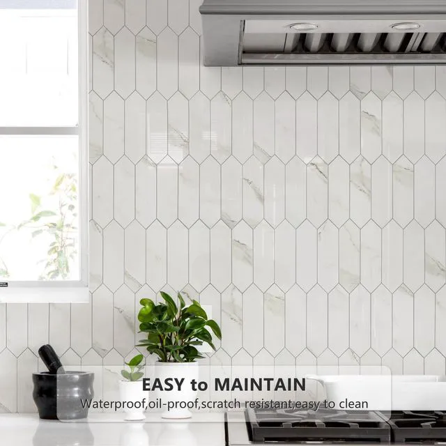 Alt view image 3 of 7 - Glossy White Marble Backsplash Tile Peel and Stick, 12.8 x 12.8 Inch 10 Sheets Long Hexagon PVC Self Adhesive Mosaic Wall Tiles Stick on Backsplash for Kitchen and Bathroom
