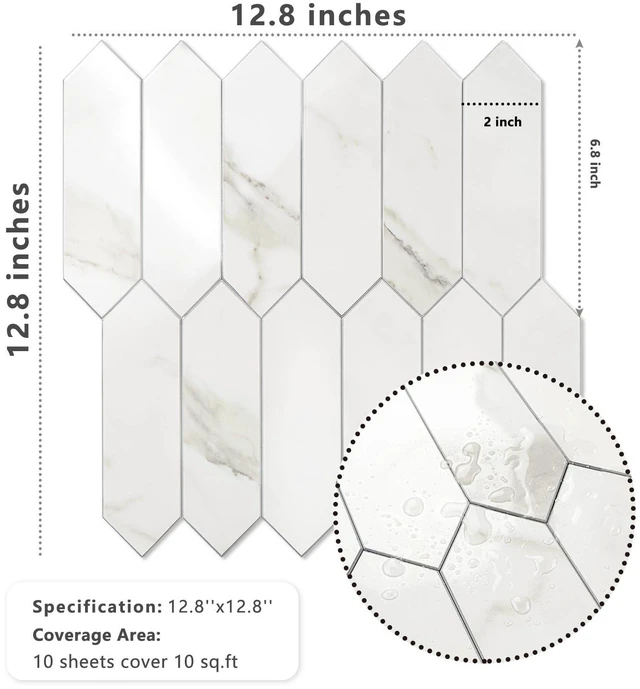 Alt view image 5 of 7 - Glossy White Marble Backsplash Tile Peel and Stick, 12.8 x 12.8 Inch 10 Sheets Long Hexagon PVC Self Adhesive Mosaic Wall Tiles Stick on Backsplash for Kitchen and Bathroom