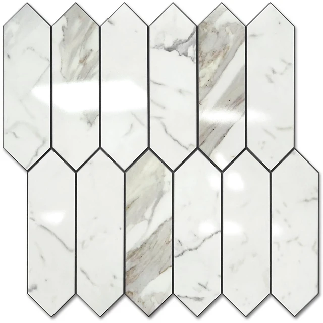 Main image of Glossy Carrara White Backsplash Tile Peel and Stick, 12.8 x 12.8 Inch 10 Sheets Long Hexagon PVC Self Adhesive Mosaic Wall Tiles Stick on Backsplash for Kitchen and Bathroom