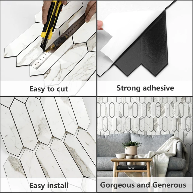 Alt view image 7 of 7 - Glossy Carrara White Backsplash Tile Peel and Stick, 12.8 x 12.8 Inch 10 Sheets Long Hexagon PVC Self Adhesive Mosaic Wall Tiles Stick on Backsplash for Kitchen and Bathroom