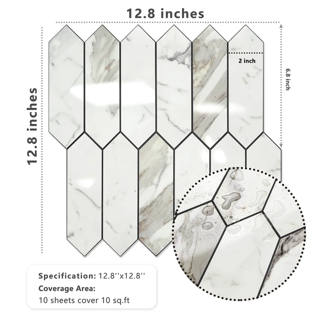 Alt view image 5 of 7 - Glossy Carrara White Backsplash Tile Peel and Stick, 12.8 x 12.8 Inch 10 Sheets Long Hexagon PVC Self Adhesive Mosaic Wall Tiles Stick on Backsplash for Kitchen and Bathroom