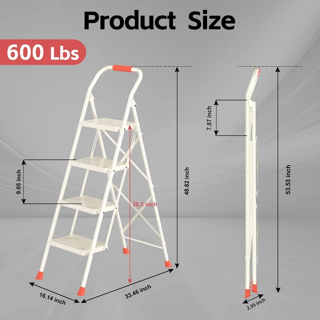 Alt view image 6 of 7 - Step Ladder Foldable Folding Stool - for Home Adults Kitchen 4 Stepping Extension Tall Heavy Duty with Handrails - Closet Stepstool Stair Ladders Extendable Stepladder for Indoor House 600Lbs