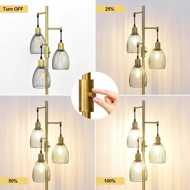 Alt view image 3 of 7 - Dimmable Floor Lamp, 3 x 800LM LED Edison Bulbs Included, Farmhouse Industrial Floor Lamp Standing Tree Lamp with Elegant Teardrop Cage Tall Lamps for Living Room Bedroom Office Dining Room-Brass