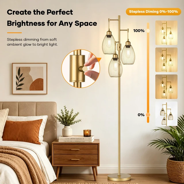 Alt view image 3 of 7 - Dimmable Floor Lamp, 3 x 800LM LED Edison Bulbs Included, Farmhouse Industrial Floor Lamp Standing Tree Lamp with Elegant Teardrop Cage Head Tall Lamp for Living Room Bedroom Office Dining Room - Gold