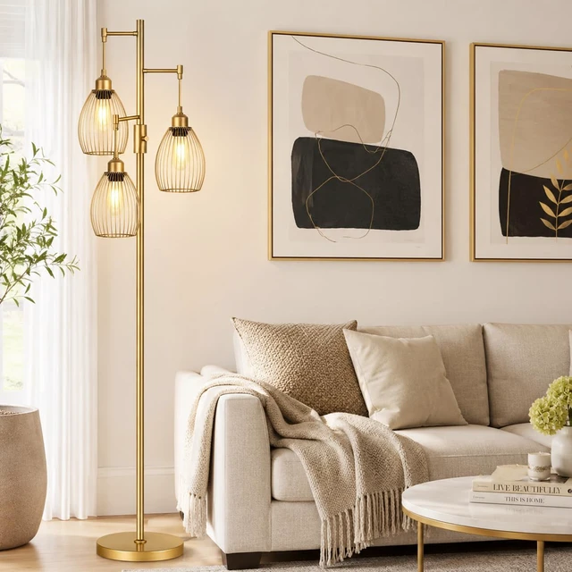 Alt view image 7 of 7 - Dimmable Floor Lamp, 3 x 800LM LED Edison Bulbs Included, Farmhouse Industrial Floor Lamp Standing Tree Lamp with Elegant Teardrop Cage Head Tall Lamp for Living Room Bedroom Office Dining Room - Gold