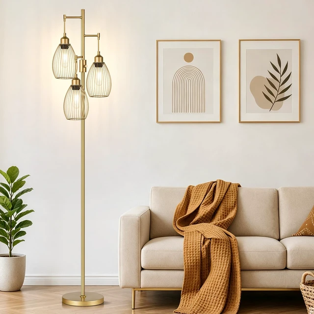 Alt view image 6 of 7 - Dimmable Floor Lamp, 3 x 800LM LED Edison Bulbs Included, Farmhouse Industrial Floor Lamp Standing Tree Lamp with Elegant Teardrop Cage Head Tall Lamp for Living Room Bedroom Office Dining Room - Gold