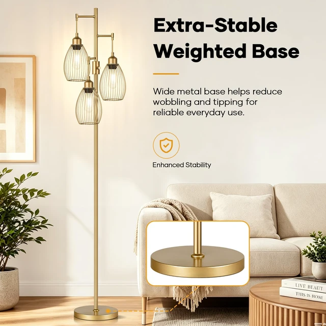 Alt view image 5 of 7 - Dimmable Floor Lamp, 3 x 800LM LED Edison Bulbs Included, Farmhouse Industrial Floor Lamp Standing Tree Lamp with Elegant Teardrop Cage Head Tall Lamp for Living Room Bedroom Office Dining Room - Gold