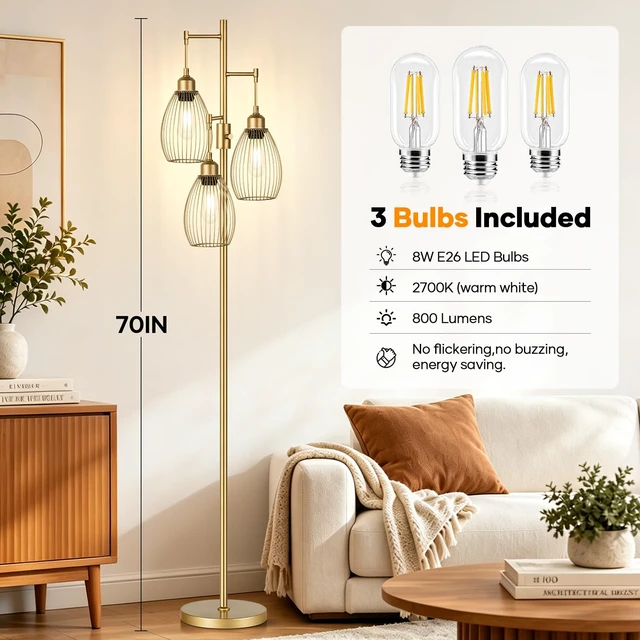 Alt view image 4 of 7 - Dimmable Floor Lamp, 3 x 800LM LED Edison Bulbs Included, Farmhouse Industrial Floor Lamp Standing Tree Lamp with Elegant Teardrop Cage Head Tall Lamp for Living Room Bedroom Office Dining Room - Gold