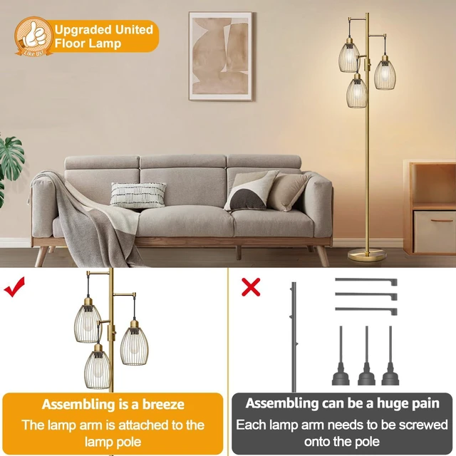 Alt view image 4 of 7 - Dimmable Floor Lamp, 3 x 800LM LED Edison Bulbs Included, Farmhouse Industrial Floor Lamp Standing Tree Lamp with Elegant Teardrop Cage Tall Lamps for Living Room Bedroom Office Dining Room-Brass