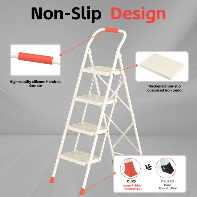 Alt view image 4 of 7 - Step Ladder Foldable Folding Stool - for Home Adults Kitchen 4 Stepping Extension Tall Heavy Duty with Handrails - Closet Stepstool Stair Ladders Extendable Stepladder for Indoor House 600Lbs