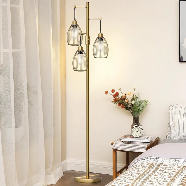 Alt view image 5 of 7 - Dimmable Floor Lamp, 3 x 800LM LED Edison Bulbs Included, Farmhouse Industrial Floor Lamp Standing Tree Lamp with Elegant Teardrop Cage Tall Lamps for Living Room Bedroom Office Dining Room-Brass