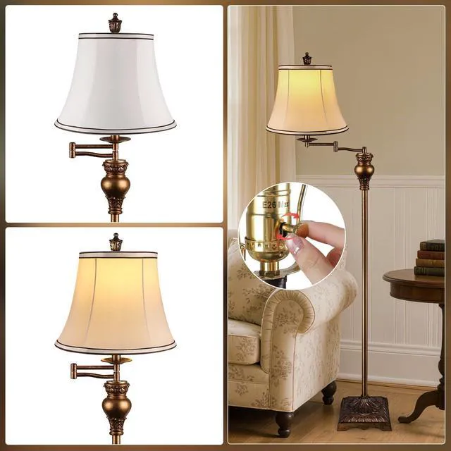 Alt view image 3 of 7 - Vintage Floor Lamps for Living Room,Traditional 350° Adjustable Swing Arm Farmhouse Floor Lamp for Bedroom, Rustic Standing Lamp Pole Lamps for Reading, Home Décor and Office,Bronze Gold