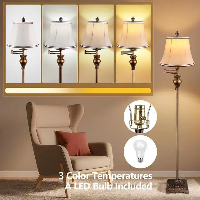 Alt view image 4 of 7 - Vintage Floor Lamps for Living Room,Traditional 350° Adjustable Swing Arm Farmhouse Floor Lamp for Bedroom, Rustic Standing Lamp Pole Lamps for Reading, Home Décor and Office,Bronze Gold
