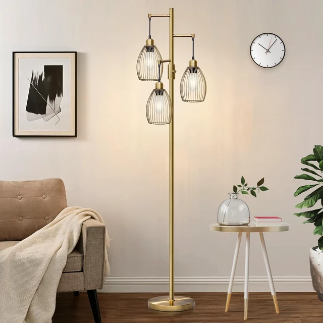 Alt view image 6 of 7 - Dimmable Floor Lamp, 3 x 800LM LED Edison Bulbs Included, Farmhouse Industrial Floor Lamp Standing Tree Lamp with Elegant Teardrop Cage Tall Lamps for Living Room Bedroom Office Dining Room-Brass