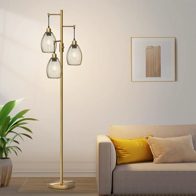 Alt view image 7 of 7 - Dimmable Floor Lamp, 3 x 800LM LED Edison Bulbs Included, Farmhouse Industrial Floor Lamp Standing Tree Lamp with Elegant Teardrop Cage Tall Lamps for Living Room Bedroom Office Dining Room-Brass