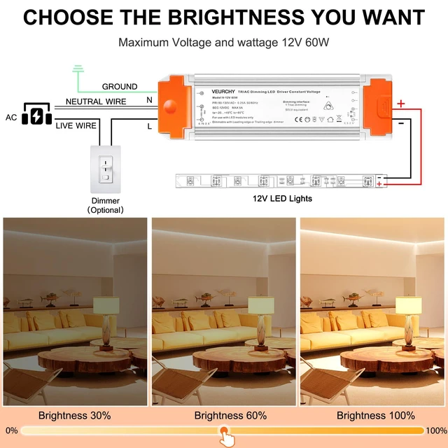 Alt view image 5 of 7 - 60W Dimmable LED Driver 12V DC Triac Constant Transformer, 120V AC to 12 Volt DC Lighting Low Voltage Power Supply, LED Light Transformer for Kitchens, Cabinets, Bedrooms 2 Pack