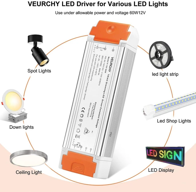 Alt view image 7 of 7 - 60W Dimmable LED Driver 12V DC Triac Constant Transformer, 120V AC to 12 Volt DC Lighting Low Voltage Power Supply, LED Light Transformer for Kitchens, Cabinets, Bedrooms 2 Pack