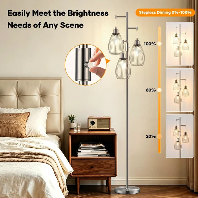 Alt view image 3 of 7 - Dimmable Floor Lamp, 3 x 800LM LED Edison Bulbs Included, Industrial Floor Lamp Standing Tree Lamp with Elegant Teardrop Cage Heads Tall Lamps for Living Room Bedroom-Brushed Nickel