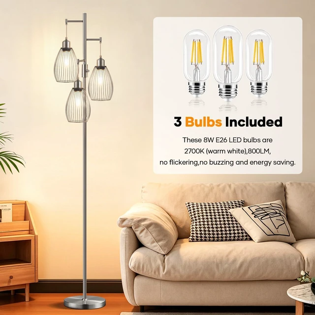 Alt view image 4 of 7 - Dimmable Floor Lamp, 3 x 800LM LED Edison Bulbs Included, Industrial Floor Lamp Standing Tree Lamp with Elegant Teardrop Cage Heads Tall Lamps for Living Room Bedroom-Brushed Nickel