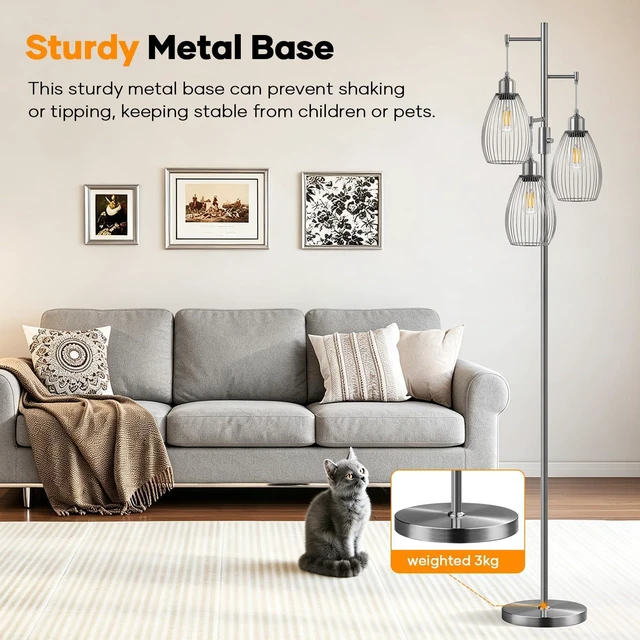 Alt view image 6 of 7 - Dimmable Floor Lamp, 3 x 800LM LED Edison Bulbs Included, Industrial Floor Lamp Standing Tree Lamp with Elegant Teardrop Cage Heads Tall Lamps for Living Room Bedroom-Brushed Nickel
