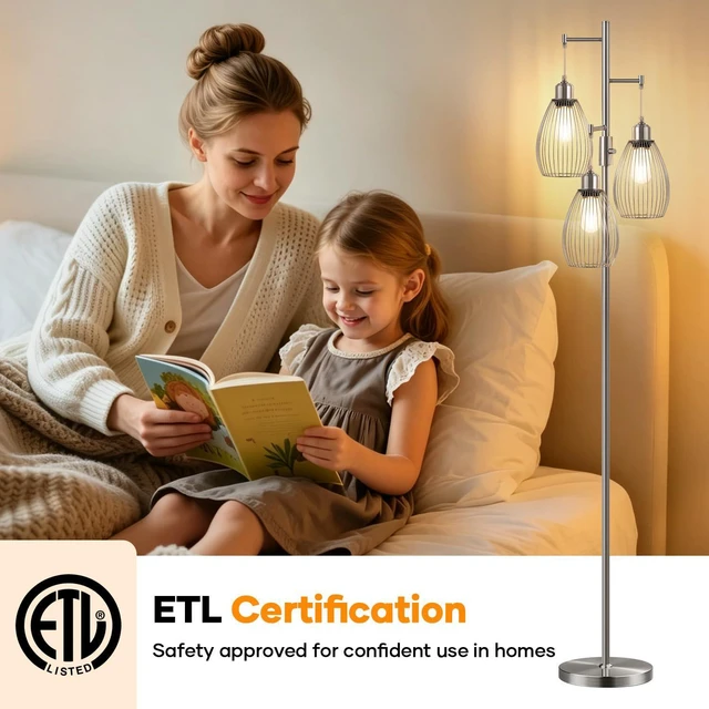 Alt view image 7 of 7 - Dimmable Floor Lamp, 3 x 800LM LED Edison Bulbs Included, Industrial Floor Lamp Standing Tree Lamp with Elegant Teardrop Cage Heads Tall Lamps for Living Room Bedroom-Brushed Nickel