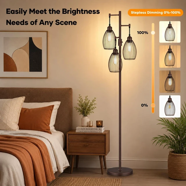 Alt view image 3 of 7 - Dimmable Floor Lamp,3x800LM LED Bulbs Included, Farmhouse Industrial Floor Lamp Standing Tree Lamp with Teardrop Cage Head Tall Lamp for Living Room Bedroom Office Dining Room - Matte Brown