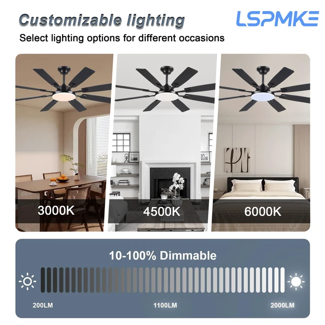 Alt view image 3 of 7 - Ceiling Fan With Light & Remote Indoor/Outdoor Use 60 Inch Black Reversible DC Motor,3CCT, Dimmable, Timer, Noiseless,Ceiling Fan for Bedroom Living Room