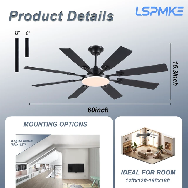 Alt view image 7 of 7 - Ceiling Fan With Light & Remote Indoor/Outdoor Use 60 Inch Black Reversible DC Motor,3CCT, Dimmable, Timer, Noiseless,Ceiling Fan for Bedroom Living Room