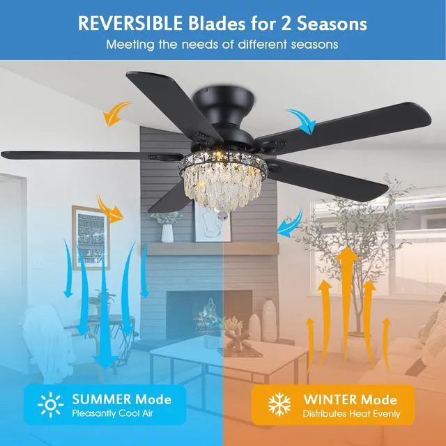 Alt view image 2 of 7 - Crystal Ceiling Fan Fandelier with Lights-Modern Ceiling Fan(52" Black) Crystal Ceiling Fans with Remote Control,Modern Ceiling Fan with Noiseless DC Reversible Motor,Dining Room,Living Room