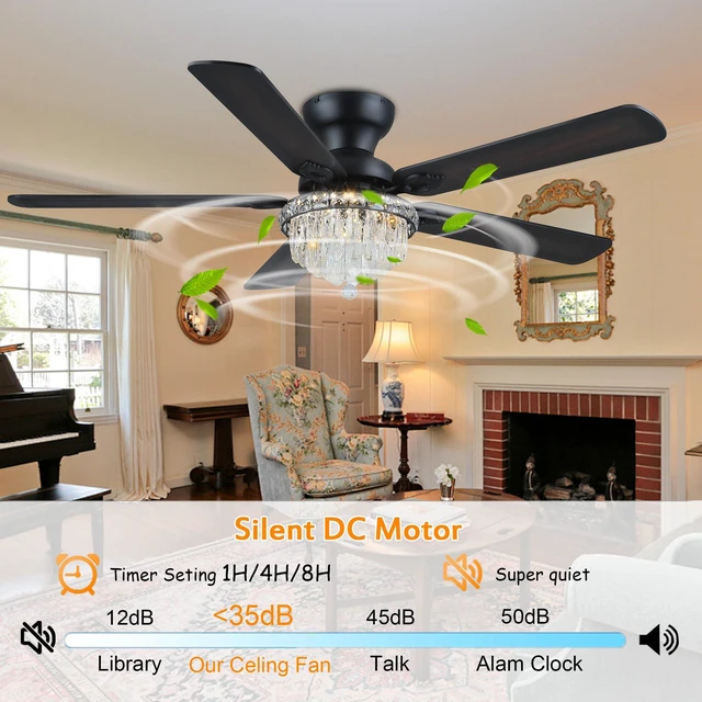 Alt view image 3 of 7 - Crystal Ceiling Fan Fandelier with Lights-Modern Ceiling Fan(52" Black) Crystal Ceiling Fans with Remote Control,Modern Ceiling Fan with Noiseless DC Reversible Motor,Dining Room,Living Room