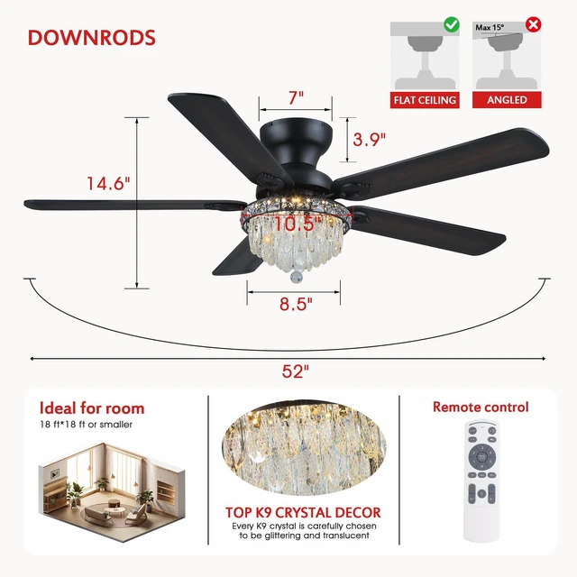 Alt view image 4 of 7 - Crystal Ceiling Fan Fandelier with Lights-Modern Ceiling Fan(52" Black) Crystal Ceiling Fans with Remote Control,Modern Ceiling Fan with Noiseless DC Reversible Motor,Dining Room,Living Room