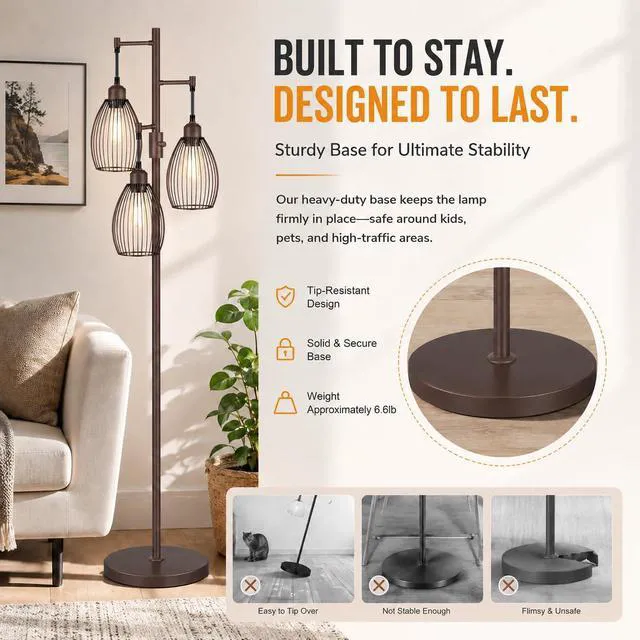 Alt view image 5 of 7 - Dimmable Floor Lamp,3x800LM LED Bulbs Included, Farmhouse Industrial Floor Lamp Standing Tree Lamp with Teardrop Cage Head Tall Lamp for Living Room Bedroom Office Dining Room - Matte Brown