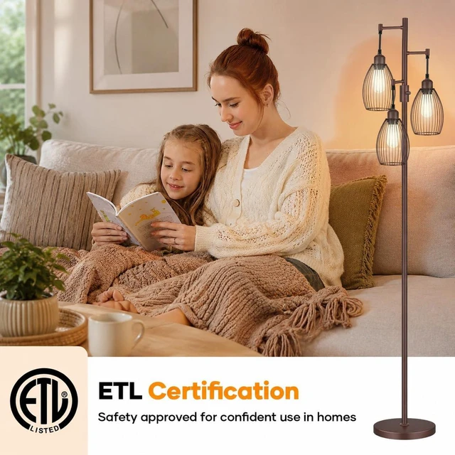 Alt view image 6 of 7 - Dimmable Floor Lamp,3x800LM LED Bulbs Included, Farmhouse Industrial Floor Lamp Standing Tree Lamp with Teardrop Cage Head Tall Lamp for Living Room Bedroom Office Dining Room - Matte Brown