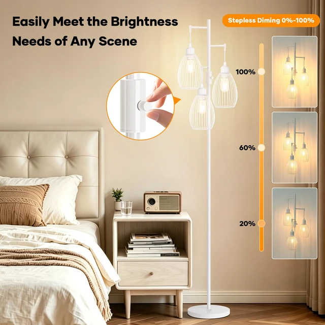 Alt view image 3 of 7 - Dimmable Floor Lamp, 3 x 800LM LED Edison Bulbs Included, Farmhouse Industrial Floor Lamp Standing Lamp with Elegant Teardrop Cage Head Tall Lamp for Living Room Bedroom Office Dining Room - White