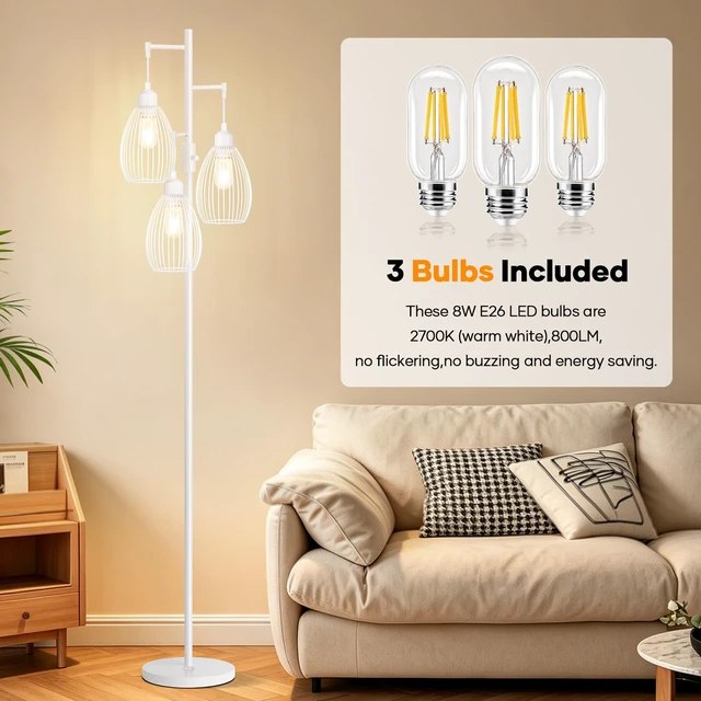 Alt view image 4 of 7 - Dimmable Floor Lamp, 3 x 800LM LED Edison Bulbs Included, Farmhouse Industrial Floor Lamp Standing Lamp with Elegant Teardrop Cage Head Tall Lamp for Living Room Bedroom Office Dining Room - White
