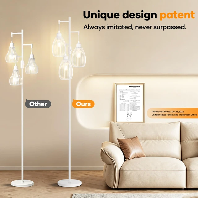 Alt view image 6 of 7 - Dimmable Floor Lamp, 3 x 800LM LED Edison Bulbs Included, Farmhouse Industrial Floor Lamp Standing Lamp with Elegant Teardrop Cage Head Tall Lamp for Living Room Bedroom Office Dining Room - White