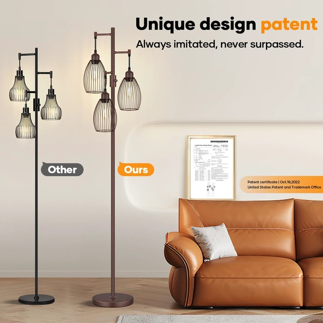 Alt view image 7 of 7 - Dimmable Floor Lamp,3x800LM LED Bulbs Included, Farmhouse Industrial Floor Lamp Standing Tree Lamp with Teardrop Cage Head Tall Lamp for Living Room Bedroom Office Dining Room - Matte Brown