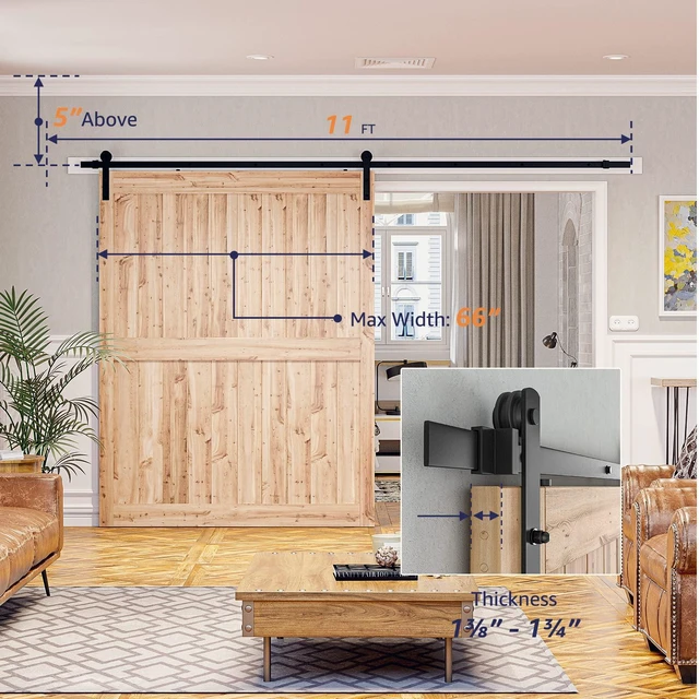 Alt view image 3 of 7 - 11ft Sliding Barn Door Hardware kit, Fit 60-66" W Doorpanel Barn Door Track, Sliding Door Hardware kit, Smoothly and Quietly -Heavy Duty Sturdy -Easy to Install, I Shape Hanger
